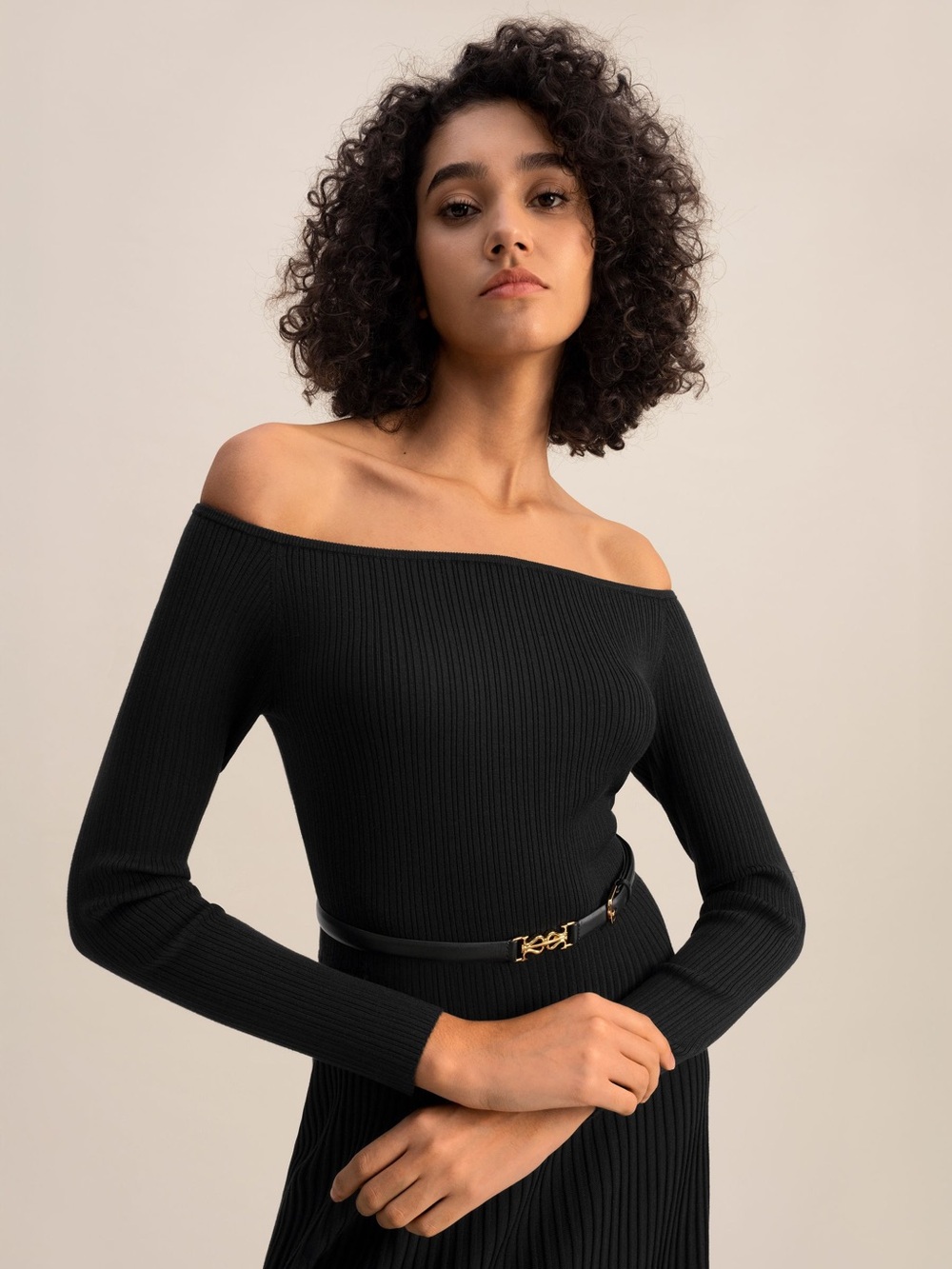 Lilysilk Off Shoulder Black Ribbed Midi Vivi Knit Dress - Picture 6 of 7